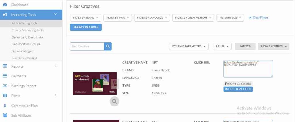 Obtaining advertising banners from the Fiverr affiliate account